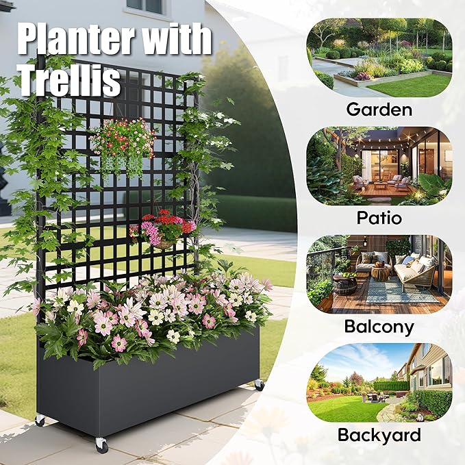 Metal Planter Box with Trellis Privacy Screen, Raised Garden Bed with Lattice Trellis & Wheels, Privacy Planters for Patio, Planter Box for Climbing Plants, Flower, 73"x 47"x 16", Black