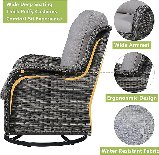Outdoor Wicker Patio Furniture Set - 5 Piece Rattan Patio Conversation Set with 2 Rocking Swivel Chairs,2 Ottomans and 1 Loveseat for Porch Deck Backyard Garden(Mixed Grey/Grey)