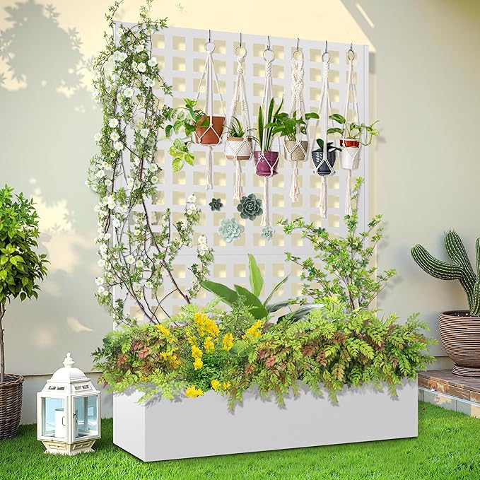 Metal Raised Garden Bed, Trellis Planters Bed with Drainage Holes for Climbing Plants, Vegetables Outdoor Privacy Screen with Planter Box 73"x47"x16", White