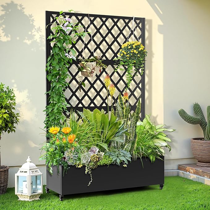 Metal Planter Trellis Box with Wheels & Drain Plug Outdoor Raised Garden Bed Patio Privacy Screen with Planter for Climbing Plants, Vegetables 73"x47"x16" Black-Diamond