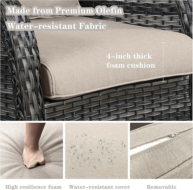 Wicker Outdoor Furniture Patio Furniture Set - 6 Piece Patio Conversation Set with Swivel Rocker Chairs, Rattan Sofa, Ottomans and Coffee Table, Beige Cushion