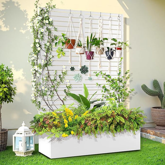 Trellis for Climbing Plants Outdoor,Mental Garden Bed with Drainage Holes Outdoor Privacy Screen Design Tall planters for herb Flower Vegetables 73"x47"x16", White-Louvered