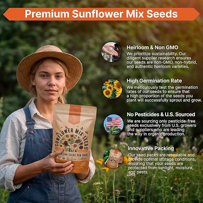 Sunflower Mix Seeds Pack 8 oz - Over 10,300 Non-GMO Heirloom Sunflower Seeds for Planting, Annual Flowers in Individual Seed Packet, Sunflower Seeds for Planting Home Garden Indoor & Outdoor Gardening