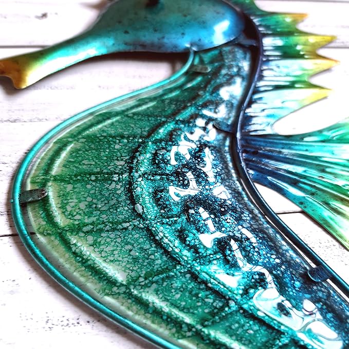 JOYBee 18inch Metal Large Seahorse Wall Art Decor,Christmas Decorations,Bathroom Ocean Glass Art Outdoor Hanging Beach Theme Decorations for Outdoor Indoor Kitchen Garden Patio,Porch or Fence