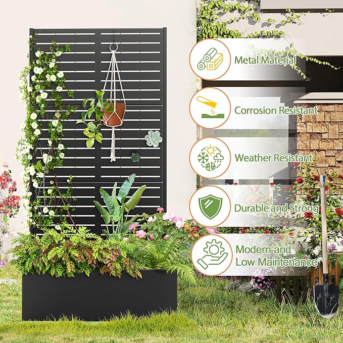 Trellis for Climbing Plants Outdoor,Mental Garden Bed with Drainage Holes Outdoor Privacy Screen Design Tall planters for herb Flower Vegetables 73"x35"x16", Black-Louvered