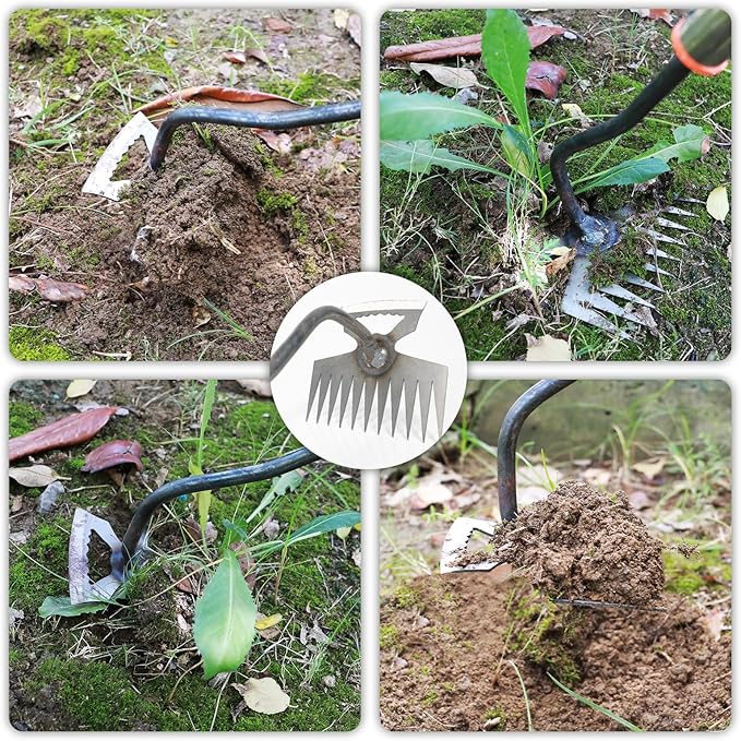 New Adjustable Uprooting Weeding Tool with Long Handle,11-Teeth Weed Puller Rake 2-in-1 Hand Weeder Garden Tools for Garden&Backyard,Manganese Steel Weeder Pulling Tool for Weeding Loosening Planting