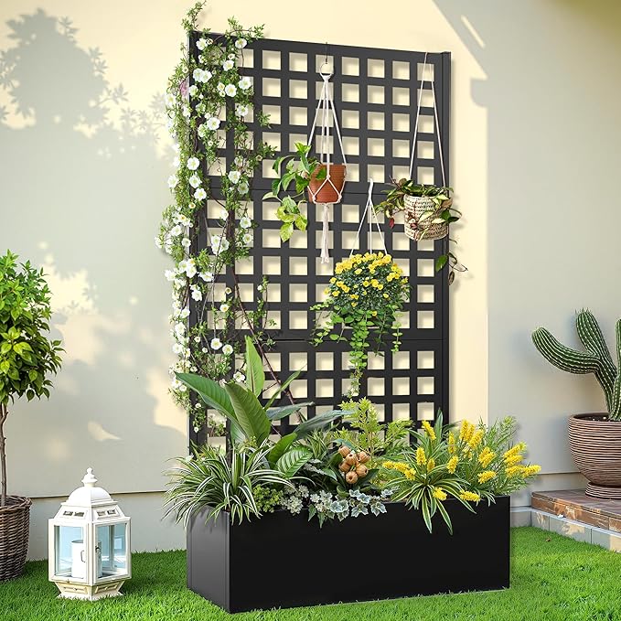 Metal Raised Garden Bed, Trellis Planters Bed with Drainage Holes for Climbing Plants, Vegetables Outdoor Privacy Screen with Planter Box 73"x35"x16", Black