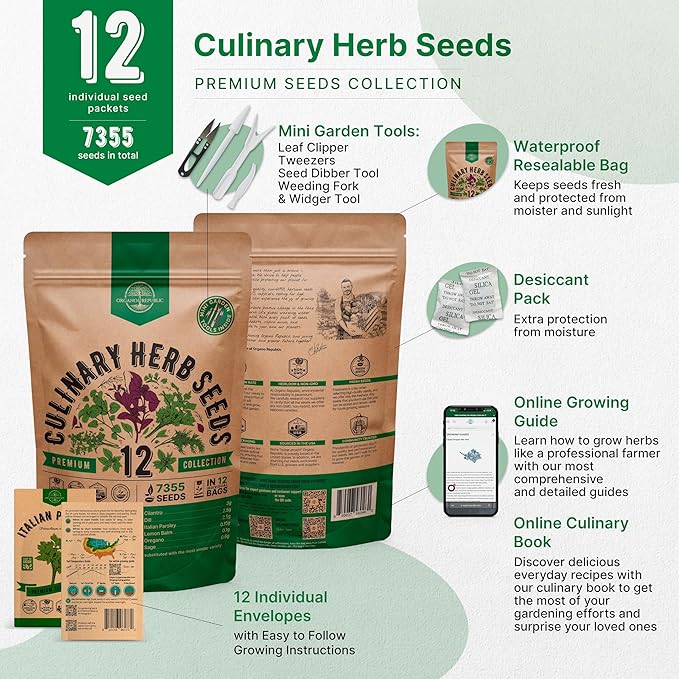 Organo Republic 12 Culinary Herbs Seeds Variety Pack - 7,355+ Heirloom, Non-GMO, Herbs Seeds for Outdoor and Indoor Home Gardening, Including Basil, Cilantro, Chives, Dill, Parsley, Sage