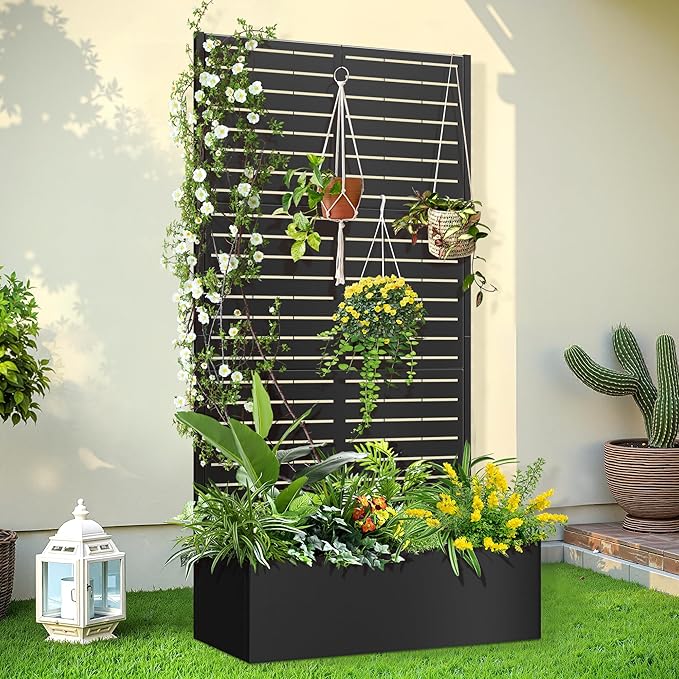 Trellis for Climbing Plants Outdoor,Mental Garden Bed with Drainage Holes Outdoor Privacy Screen Design Tall planters for herb Flower Vegetables 73"x35"x16", Black-Louvered