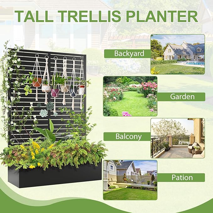 Trellis for Climbing Plants Outdoor,Mental Garden Bed with Drainage Holes Outdoor Privacy Screen Design Tall planters for herb Flower Vegetables 73"x47"x16", Black-Louvered