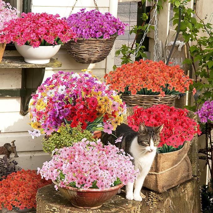 24 Bundles Artificial Fall Flowers Outdoor,No Fade Fake Plastic Flowers,Faux Autumn Plants for Thanksgiving Xmas Decor,Hanging Planters Indoor Outside Garden Porch Window Box Home Wedding