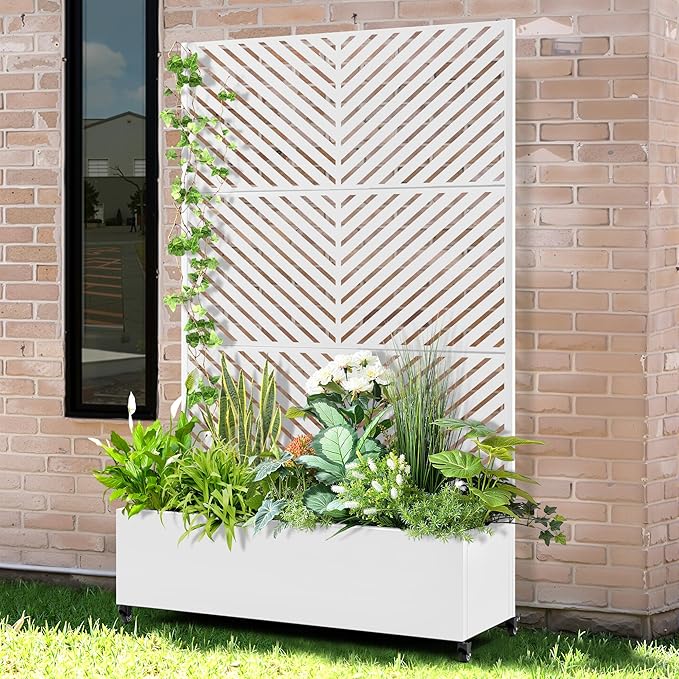 Raised Garden Bed with Trellis and Wheels,73"x47"x16" Metal Raised Garden Bed,White Parallel Metal Planter with Climbing Trellis for Vines & Vegetables