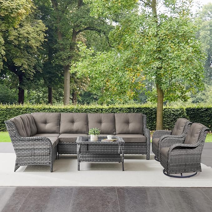 Outdoor Furniture Sectional Sofa L Shaped Couch - Patio Wicker Furniture Set with Coffee Table, 3 Piece Rattan Patio Conversation Sets with Gray Cushion for Deck Backyard Sunroom
