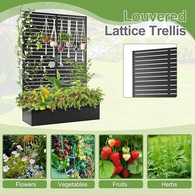Trellis for Climbing Plants Outdoor,Mental Garden Bed with Drainage Holes Outdoor Privacy Screen Design Tall planters for herb Flower Vegetables 73"x47"x16", Black-Louvered