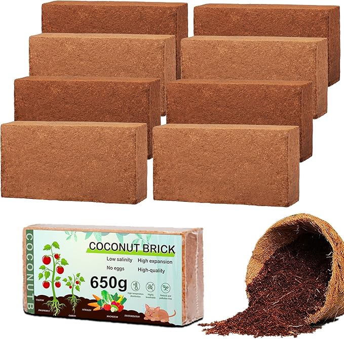 Premium Coco Coir Brick, 1.4Lbs High Nutrinent Coconut Soil, OMRI 100% Organic Low EC & PH Balanced Potting Soil for All Plants Gardening, Hydroponics and Green House (650G x 8)