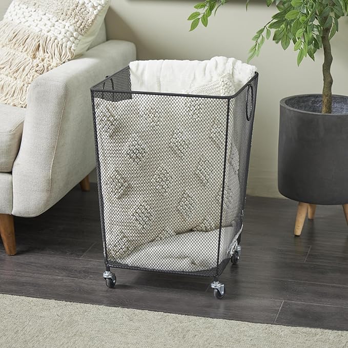 Deco 79 Metal Storage Basket Square Mesh Wire Rolling Laundry with Ring Handles, 17" x 16" x 24", Black