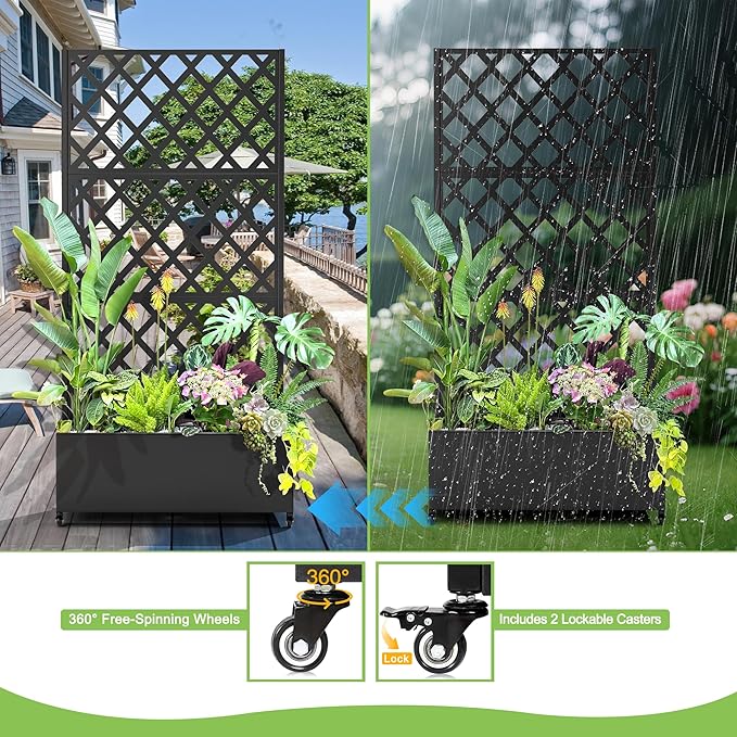 Metal Planter Trellis Box with Wheels & Drain Plug Outdoor Raised Garden Bed Patio Privacy Screen with Planter for Climbing Plants, Vegetables 73"x35"x16" Black-Diamond