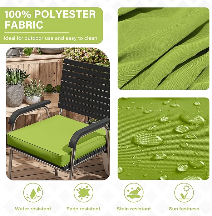 Patio Chair Cushions 17 X 16 X 3 Inch Waterproof Outdoor Seat Cushions for Patio Furniture, Outdoor Sofa Couch Pads with Ties & Handle, Set of 2, Grass Green
