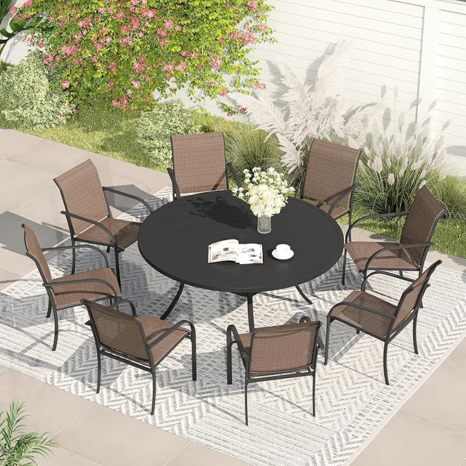 VICLLAX Patio Dining Set for 8, Outdoor Furniture Set Includes 53" Round Patio Table and 8 Patio Sling Chairs, Black Tabletop and Brown Fabric
