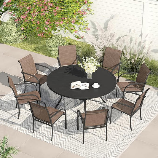 VICLLAX Patio Dining Set for 8, Outdoor Furniture Set Includes 53" Round Patio Table and 8 Patio Sling Chairs, Black Tabletop and Brown Fabric