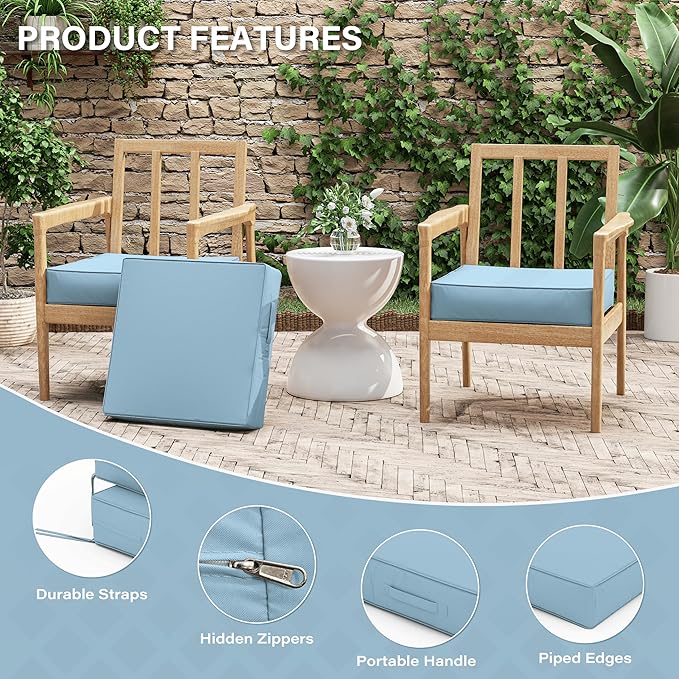Patio Chair Cushions 19 X 19 X 4 Inch Waterproof Outdoor Seat Cushions for Patio Furniture, Outdoor Sofa Couch Pads with Ties & Handle, Set of 2, Light Blue