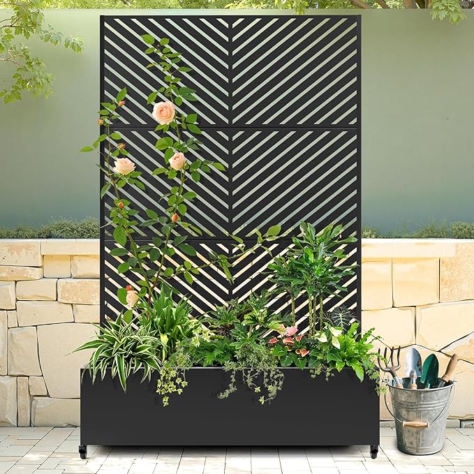 Raised Garden Bed with Trellis and Wheels,73"x47"x16" Metal Raised Garden Bed,Black Parallel Metal Planter with Climbing Trellis for Vines & Vegetables