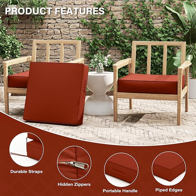 Patio Chair Cushions 24 X 24 X 5 Inch Waterproof Outdoor Seat Cushions for Patio Furniture, Outdoor Sofa Couch Pads with Ties & Handle, Set of 2, Terra Red