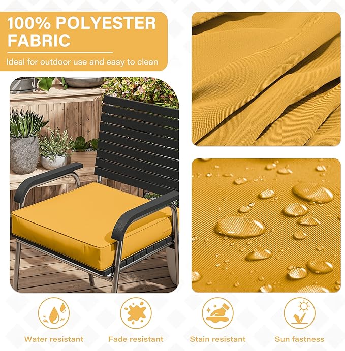 Patio Chair Cushions 22 X 22 X 4 Inch Waterproof Outdoor Seat Cushions for Patio Furniture, Outdoor Sofa Couch Pads with Ties & Handle, Set of 2, Yellow