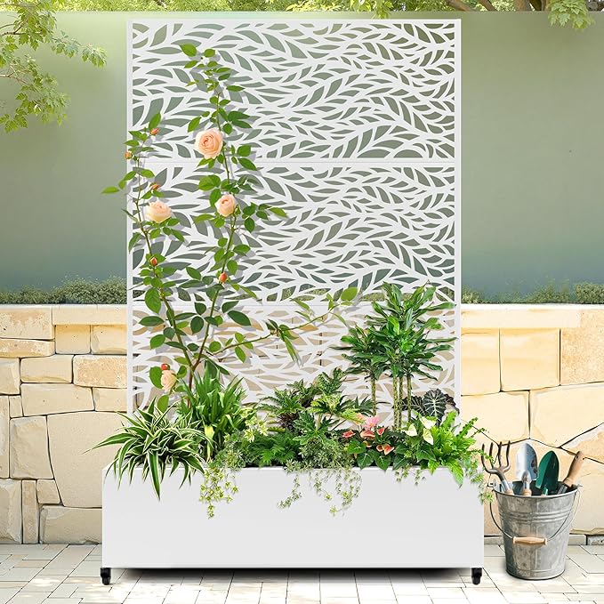 Raised Garden Bed with Trellis and Wheels,73"x47"x16" Metal Raised Garden Bed,White Flowing Leaf Metal Planter with Climbing Trellis for Vines & Vegetables