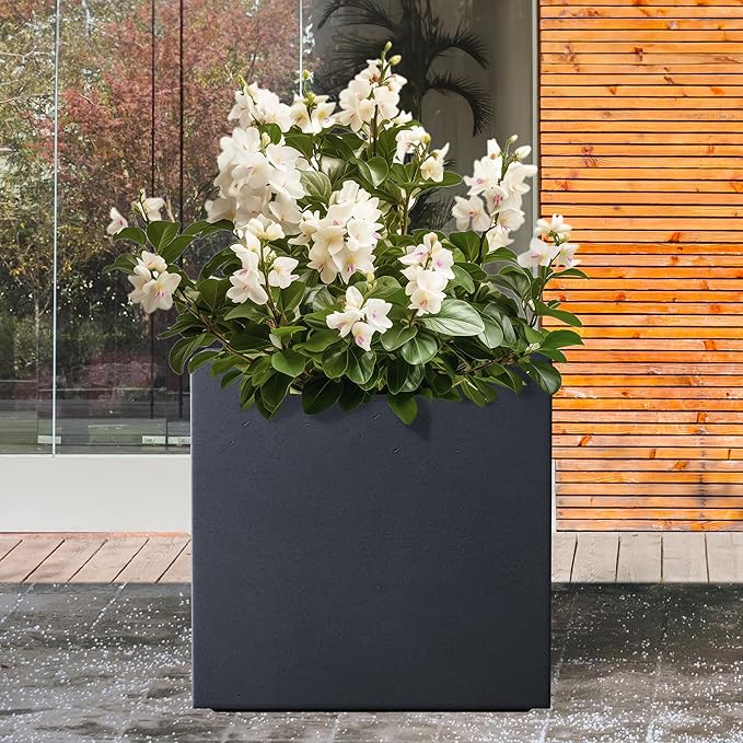 Kante 12 Inch Square Concrete Planter for Outdoor Indoor Home Patio Garden, Large Plant Pot with Drainage Hole and Rubber Plug, Charcoal