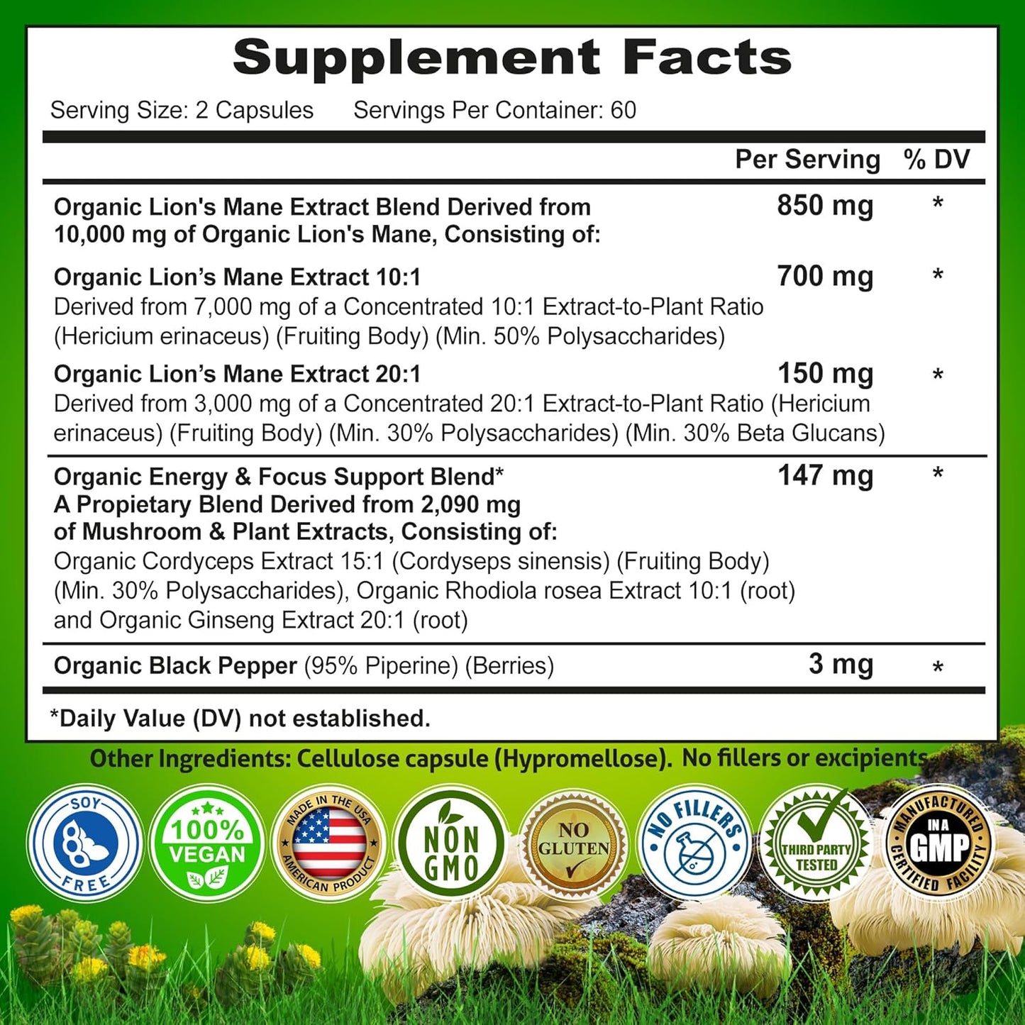 Organic Lion's Mane Supplement Capsules - Contains Naturally Occurring Beta Glucans & Polysaccharides, Enhanced with Organic Energy & Focus Support Blend: Cordyceps, Rhodiola Rosea, Ginseng, 120 Count