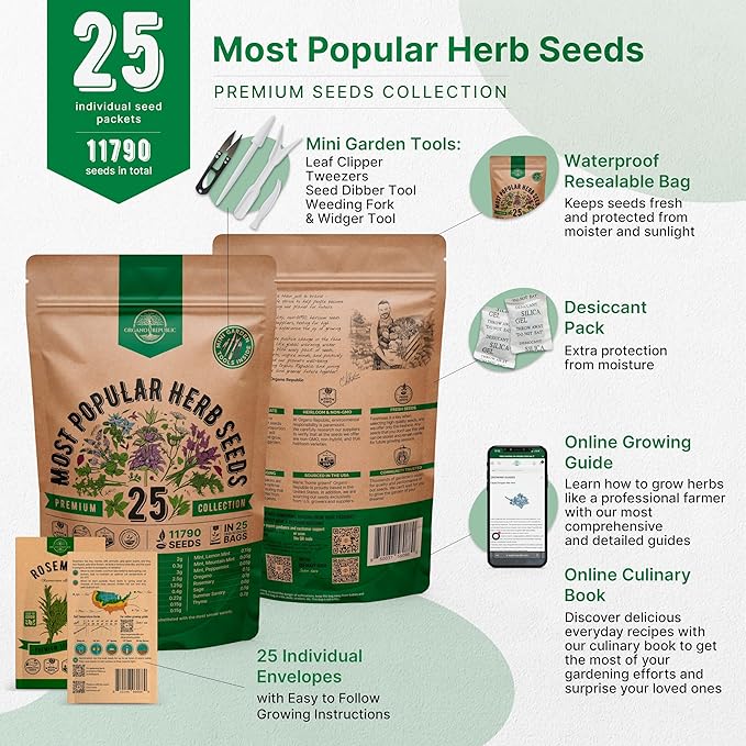 25 Most Popular Herb Seeds Variety Pack - 11,700 Non-GMO Heirloom Seeds for Planting Herbs in Individual Seed Packets for Hydroponic, Indoor & Outdoor Gardening