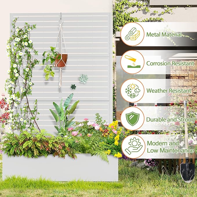 Trellis for Climbing Plants Outdoor,Mental Garden Bed with Drainage Holes Outdoor Privacy Screen Design Tall planters for herb Flower Vegetables 73"x47"x16", White-Louvered