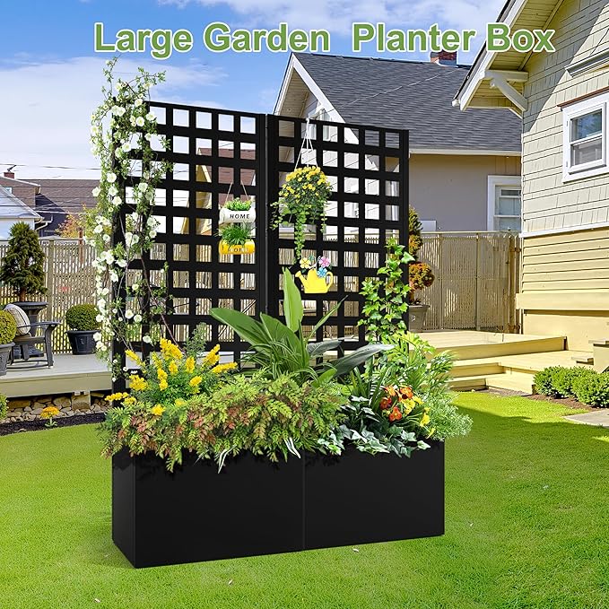 Metal Raised Garden Bed, Trellis Planters Bed with Drainage Holes for Climbing Plants, Vegetables Outdoor Privacy Screen with Planter Box 63"x24"x12", Black