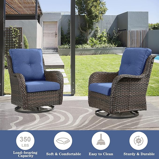 Wicker Patio Furniture Sets - 8 Piece Outdoor Rattan Furniture Conversation Sets with 4 Swivel Rocker Chairs, Rattan Sofa, Wicker Ottomans and Coffee Table, Brown/Blue