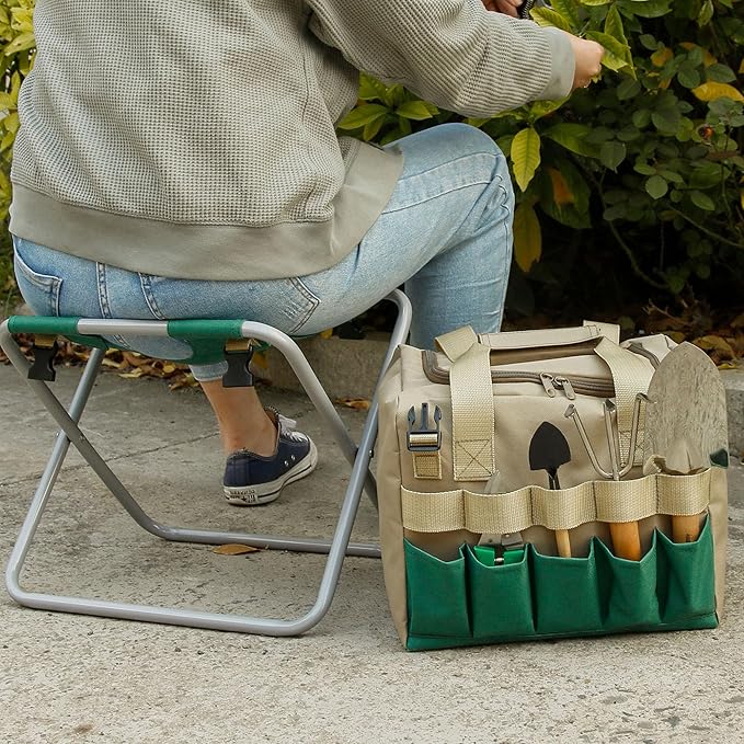 Folding Gardening Stool with Detachable Storage Tote Bag, Multifunctional Gardening Tools Set Organizer for Fishing and Camping,Portable Garden Chair Seat for Adults (Green+Khaki)