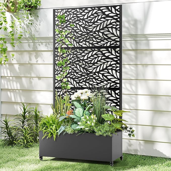 Raised Garden Bed with Trellis and Wheels,73"x35"x16" Metal Raised Garden Bed,Black Flowing Leaf Metal Planter with Climbing Trellis for Vines & Vegetables