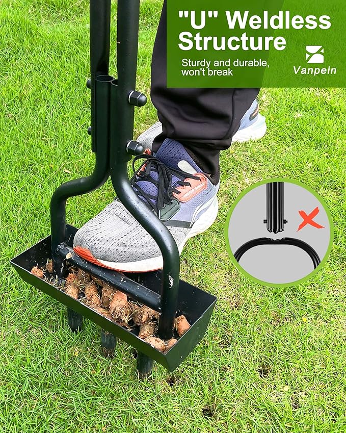 Lawn Aerator Coring Garden Tool with Soil Core Storage Tray, Manual Yard Plug Aerators & Clean Tool, Grass Aeration Gardening Tools with 3 Tines for Lawn Care, Compacted Soil, 37.6”