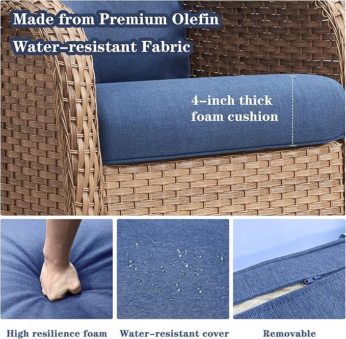 Wicker Outdoor Furniture Patio Furniture Set - 6 Piece Patio Conversation Set with Swivel Rocker Chairs, Rattan Sofa, Ottomans and Coffee Table, Blue Cushion