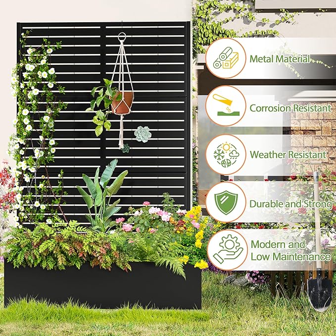 Trellis for Climbing Plants Outdoor,Mental Garden Bed with Drainage Holes Outdoor Privacy Screen Design Tall planters for herb Flower Vegetables 73"x47"x16", Black-Louvered