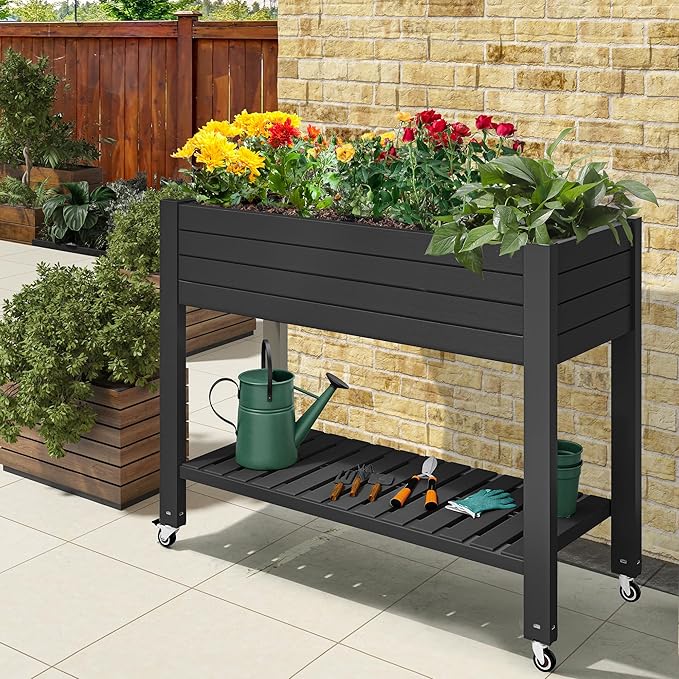 YITAHOME 3.6x1.5x2.8 FT Elevated Garden Bed Kit with Legs and Wheels, Outdoor Large Resin Planter Box Stand with Drain Plug and Storage Shelf for Plants Vegetables Fruits, Black