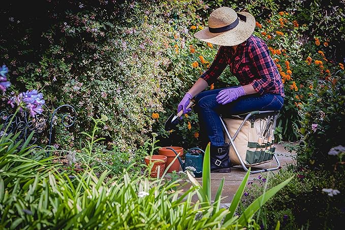 ONIVA - a Picnic Time brand Gardener Folding Seat with Tools, Garden Stool with Detachable Storage Tote Bag, Portable Chair Seat with Garden Tools Set Organizer, Olive Green with Beige Accents
