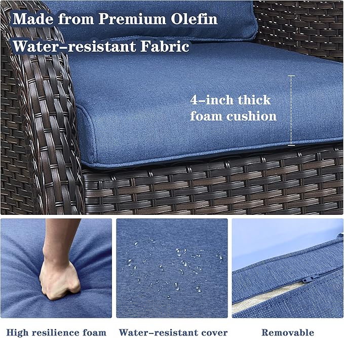 Wicker Outdoor Furniture Patio Furniture Set - 6 Piece Patio Conversation Set with Swivel Rocker Chairs, Loveseat Sofa, Ottomans and Coffee Table, Blue Cushion