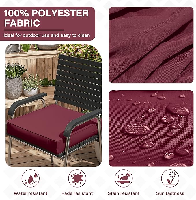 Patio Chair Cushions 19 X 19 X 4 Inch Waterproof Outdoor Seat Cushions for Patio Furniture, Outdoor Sofa Couch Pads with Ties & Handle, Set of 2, Burgundy