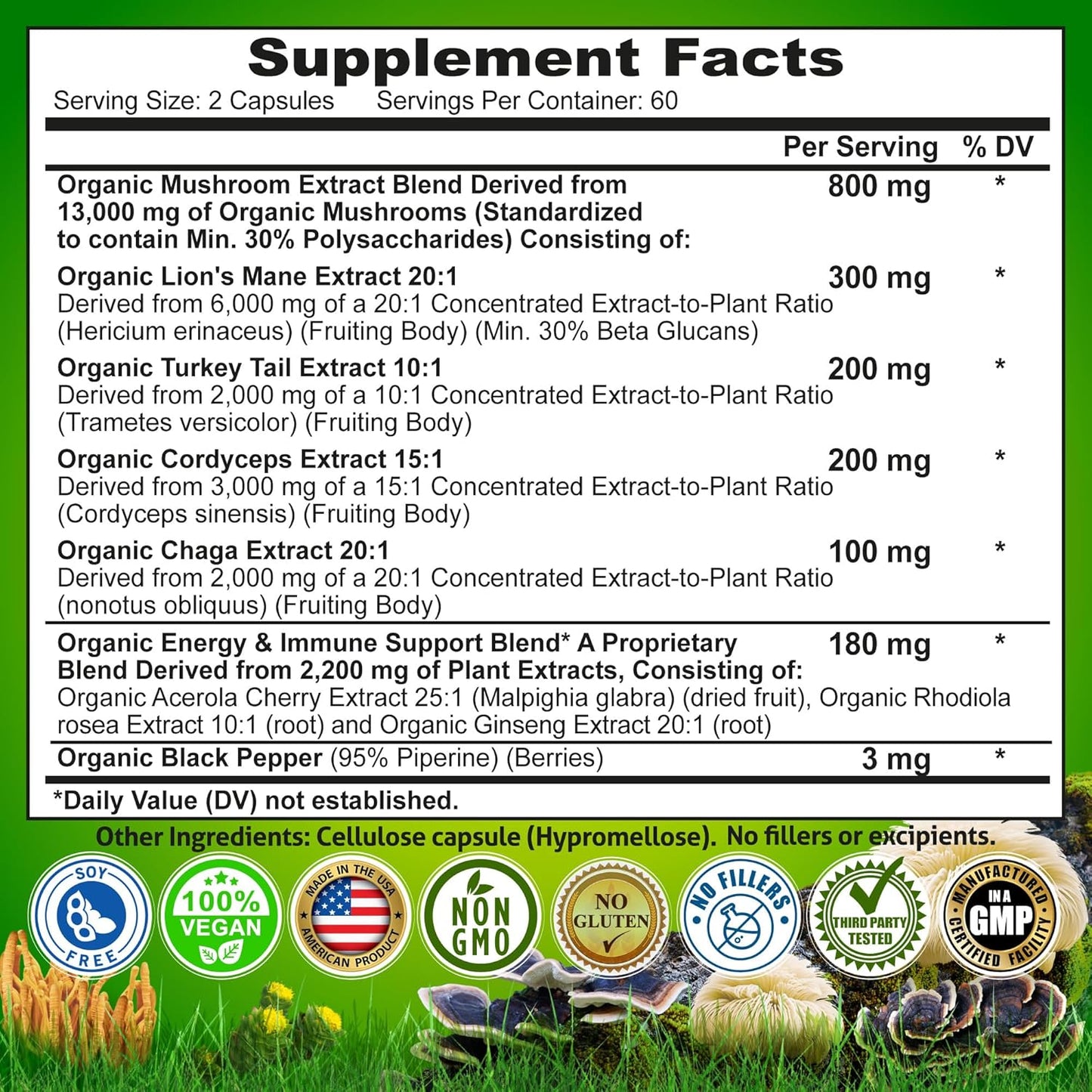 Organic Mushroom Complex: Lion's Mane, Turkey Tail, Cordyceps, Chaga, Contains Naturally Occurring Beta Glucans - Organic Energy & Immune Support Blend: Rhodiola Rosea, Ginseng & Acerola Cherry 120Ct