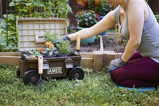 AMES 20213200 Rolling Lawn & Garden Storage Cart for Storing Tools & Cleaning Supplies, Lid Doubles as Seat, 225 lb. Weight Capacity