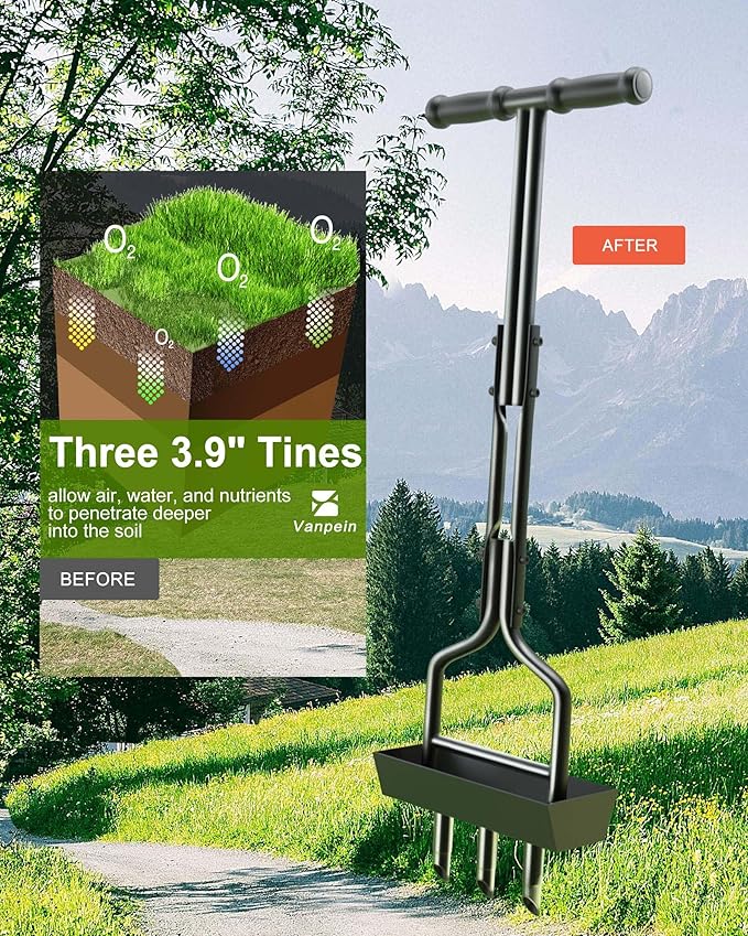 Lawn Aerator Coring Garden Tool with Soil Core Storage Tray, Manual Yard Plug Aerators & Clean Tool, Grass Aeration Gardening Tools with 3 Tines for Lawn Care, Compacted Soil, 37.6”