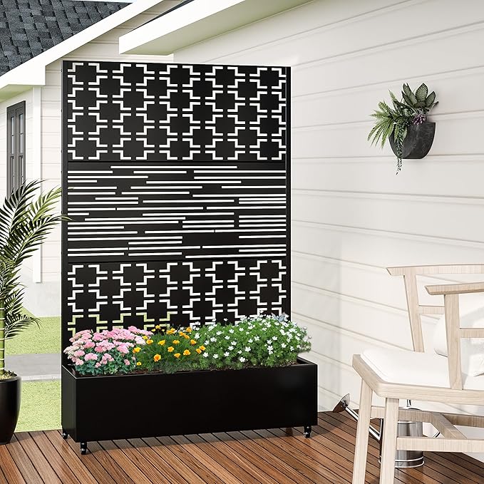Casaphoria Metal Raised Garden Bed with Trellis and Wheels, 72"x47"x16" Planter Box for Climbing Plants, Vegetables & Vines, Features Drainage Holes and Privacy Screen, Black(Parallel&Louvered)