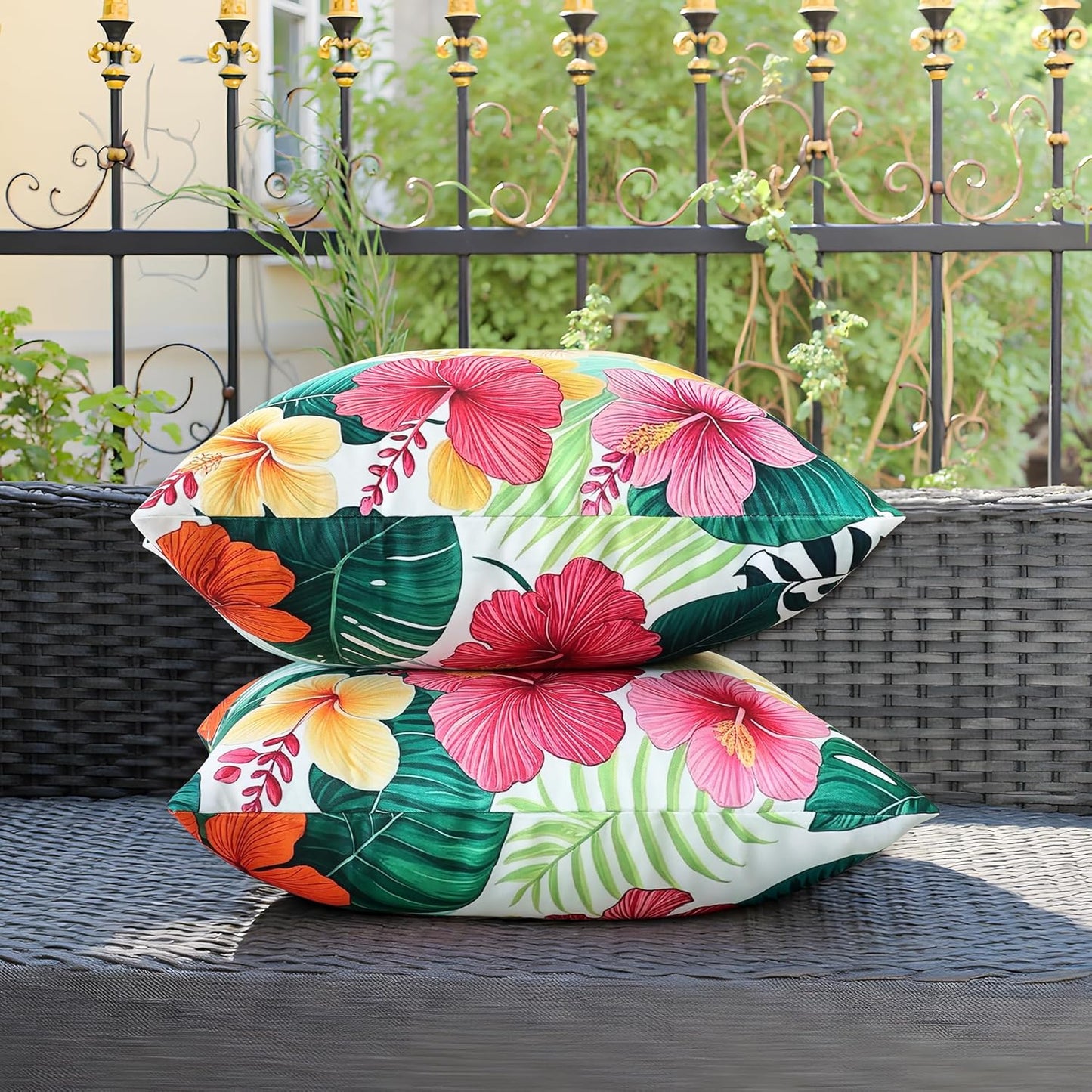 Outdoor Pillow Covers 18x18 Inch Set of 2 Tropical Floral Plants Boho Throw Pillows Cases Waterproof Square Garden Cushion Sham for Patio Funiture Balcony Bench Sofa Couch, Yellow & Red