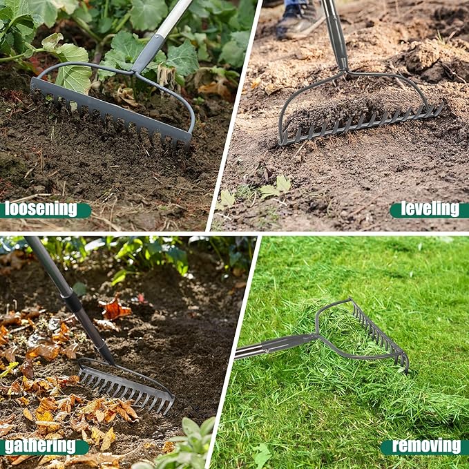 Rake for Leaves, Garden Bow Rake Heavy Duty, 48 in Leaf Rake for Lawns, Back-Saving Metal Rake with 14 Tines Rake Head, Yard Gardening Tools for Loosen Soil, Clear Gravel Grass Rock, Level Mulch